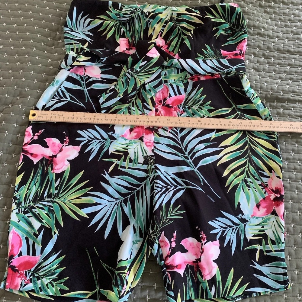 New York & Company tropical strapless romper black floral pattern Tie Belt SZ-XL - Picture 6 of 14